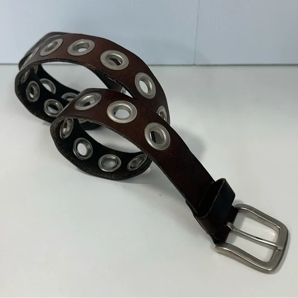Brown Belt Genuine Leather Women’s silver Buckle Size Large Rivets - Picture 2 of 8